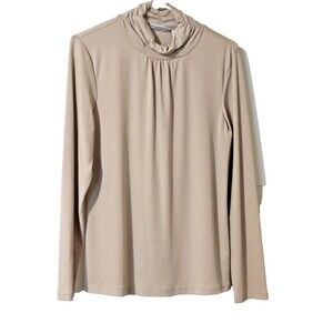 SUSAN GRAVER Liquid Knit Ruched Mock Neck Long Sleeve Top Wheat/Tan SZ Medium